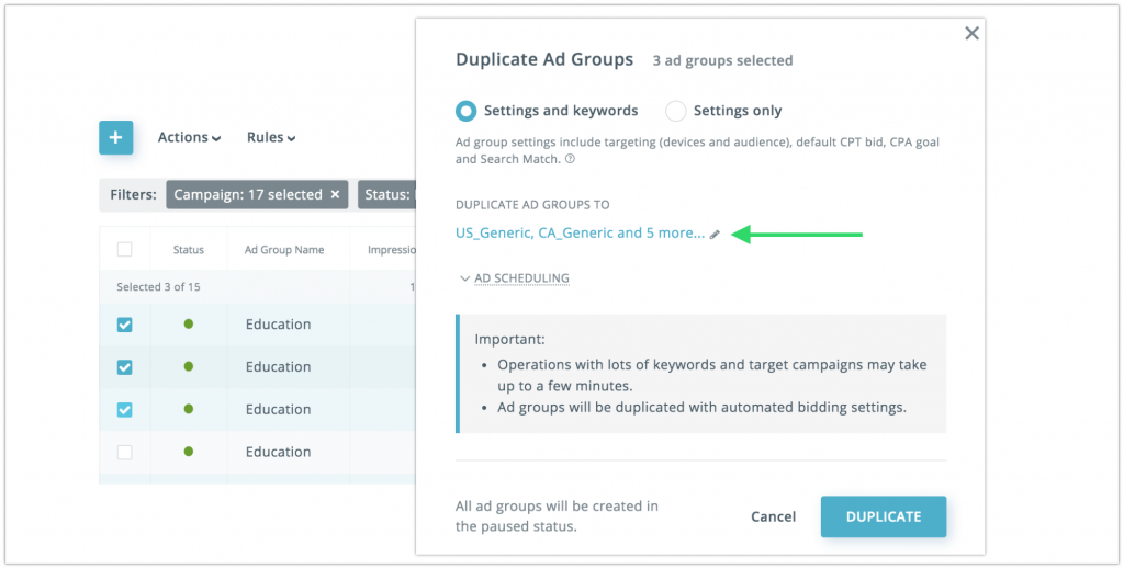 Ad groups duplication